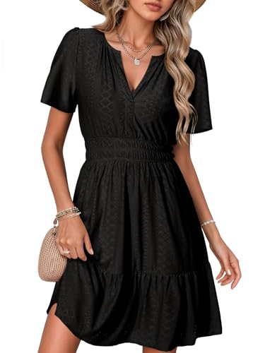 Image of Simplee Womens 2026 Summer Mini Dress Eyelet Short Sleeve Cocktail Short Dresses Cute A Line Sun Dress with Pockets
