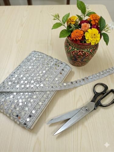 Image of Mirror lace Silver Reel Handwork Ribbon for Crafts Edge Embroidery lace for Dupatta /Saree & Fabric Decoration Water Golden (9meter Pack-Silver)