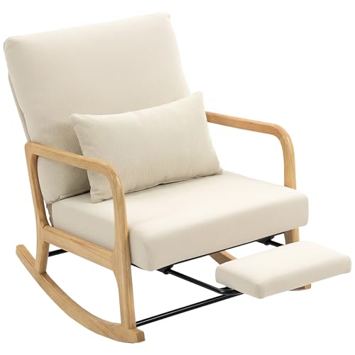 HOMCOM Silla Mecedora con Reposapiés, Respaldo Ajustable, Mecedora de Pana Nórdica, Patas de Madera, Reposabrazos, Cojín Lumbar, Sillón de Relax, Carga 120 kg, para Dormitorio, Salón, Crema