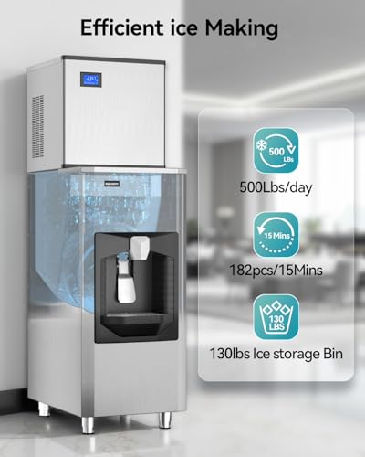 Image of EUHOMY Commercial Ice Maker Machine 500Lb /24H, Ice Ready in 10-15 min,SECOP Compressor, Industrial Ice Machine with 130Lbs Automatic Ice Bin Dispenser, Ice Maker Machine for Hotel /Restaurant /Business