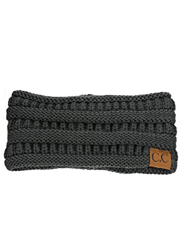 C.C Soft Stretch Winter Warm Cable Knit Fuzzy Lined Ear Warmer Headband, Dark Melange Gray Ribbed - Thumbnail 2
