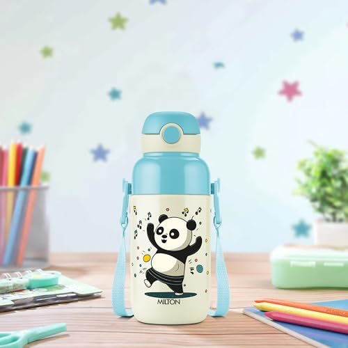 Image of Milton Steel Indus 400 Thermoware PU Insulated, 390 ml Water Bottle with Straw for Kids, Leak Proof Flip Top Sipper Lid Bottle, School, Picnic, Easy to Carry Belt, White