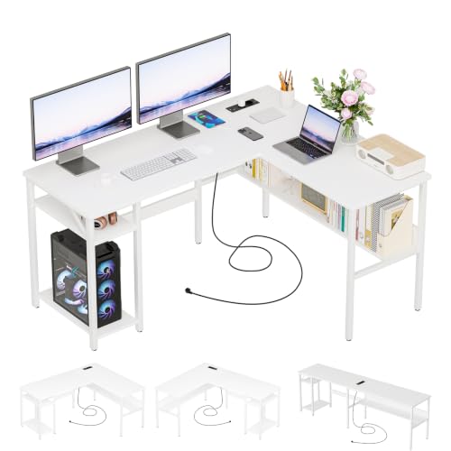 Homieasy Escritorio en L 128cm con Enchufes USB y Type-C,Blanco