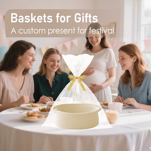 Image of JMvicyroam Small Woven Basket, Empty Gift Basket, Beige /1 Pack | Small Gift Basket, Cotton Rope, 12 x 8 x 9 in, Handles, Includes Ribbon and Bag, Birthday Gift Basket