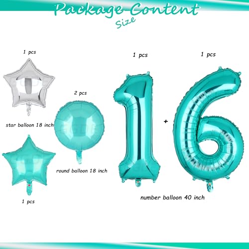 Image of Teal Blue Number 16 Balloons 40 Inch 16th Birthday Anniversary Theme 5 Pcs | Big Helium Mylar Digital Balloon Mermaid Wedding Party Decor Supplies