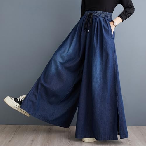 LAI MENG FIVE CATS Women's Casual Baggy Jeans Drawstring Elastic Waisted Side Slit Big Wide Leg Soft Pants2