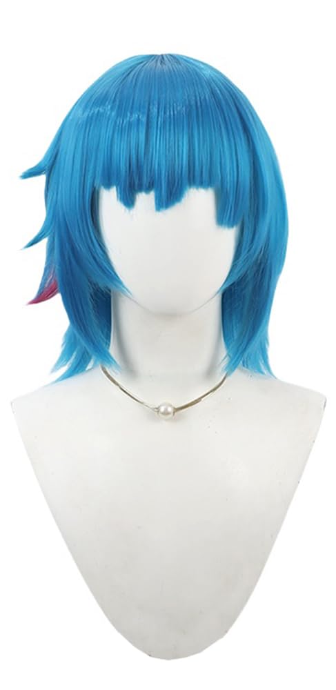 TTYAO REII Blue Short Straight Hair Game Cosplay Wig Azure Blue Anime Hair with Bangs Synthetic Wig for Halloween