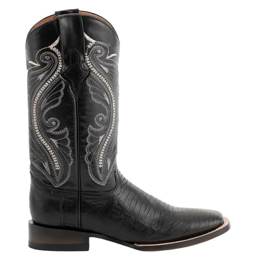 Ferrini Men's Taylor Teju Lizard Square Toe Leather Heeled Western Boots, Black, 10.5