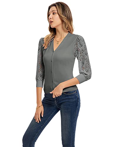 Silver Gray Cardigan For Women Lightweight Summer 3/4 Sleeve Button Front Sweaters S #TOP2