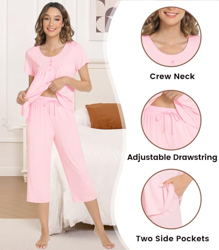 Image of NACHILA Bamboo Viscose Pajamas for Women Pleated Ruffle Tank Top Pjs Set