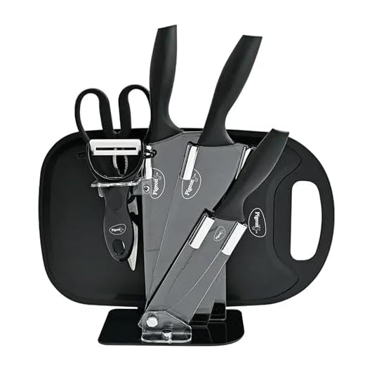 Pigeon by Stovekraft Edge Multipurpose Combo|High Grade Stainless Steel|3 Pcs Kitchen Knife, 1 Chopping Board, 1 Peeler, 1 Scissor and 1 Stand |Black