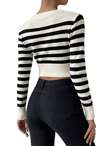 Image of SweatyRocks Women's Striped Ribbed Knit Long Sleeve Round Neck Shirt Slim Fit Pullover Sweater Crop Top Black White L