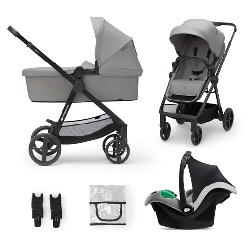 Kinderkraft NEWLY 3w1, wielofunkcyjny wózek dziecięcy, Travel System, funkcja spacerówki, fotelik samochodowy, akcesoria, regulacja oparcia, filtr UPF50+, lekki, od urodzenia do 22 kg, szary