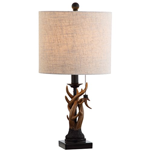 Image of JONATHAN Y 20.5" Brown Rustic Antler Table Lamp for Bedroom Farmhouse Decor, Mini Faux Antler Desk Lamp with Gray Linen Shade, Lodge Cabin Nightstand Lamp, LED Bulb JYL1031A