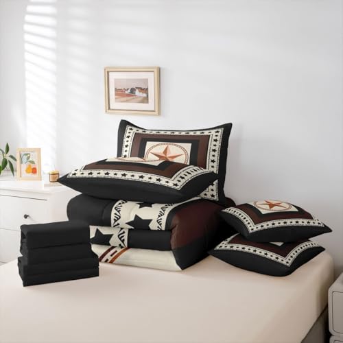 Image of Western Texas Star Bed in a Bag King Size Comforter Set 7-Piece | Black Stars Western Bedding Sets Exotic Nordic Grunge Circle Comforter and Sheet Set,Southwestern Native Ethnic Tribal Boho Decor