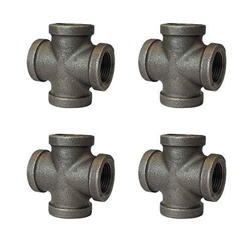 Brooklyn Pipe Cross 3/4 Inch, 4 Pack Decorative Threaded Pipe Fitting for DIY Furniture and Shelf Projects
