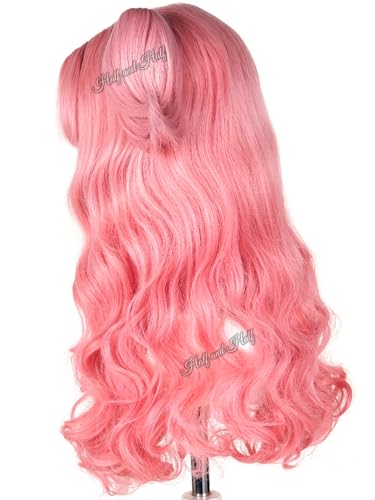 Image of Half and Half Tetia Cosplay Wig Peach Pink Anime Curly Ponytail Wig with Bangs Long Pink Wave Wigs for Women MagicGirl Wizard Halloween Party Daily