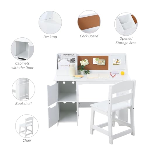 White Study Desk and Chair Set with Bookshelf, Bulletin Board, and Cabinets - Ideal for Boys and Girls Ages 3-8