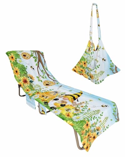 Beach Pool Patio Lounge Chaise Chair Cover Towel with Pockets, Blue Gnomes Absorbent & Quick Dry Microfiber Towel Cover Bag Summer Travel Accessories for Sunbathing Yellow Bee Honey Daisy Flower