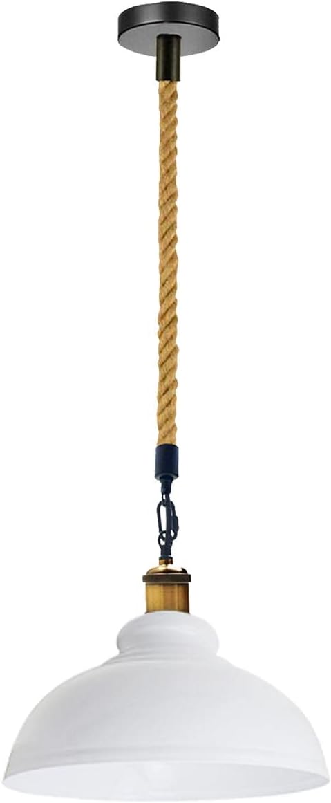 White Dome Pendant Light E26 Ceiling Hanging Lamp with 100cm Adjustable Hemp Cable Metal Shade Retro Industrial Lighting Fixture for Kitchen Island Dining Living Room Cafe(White)