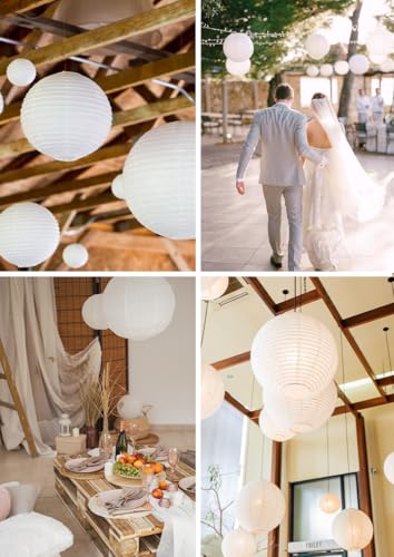 Image of Mudra Crafts Mixed Size Round Chinese White Paper Lanterns Hanging Decor | 10 PCs, Reusable, Indoor Outdoor Decorative Lamp Shade, for Ceiling, Wedding, Shower, Party, Festival, Home Decoration