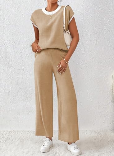 SHEWIN Two Piece Lounge Sets for Women Casual Cap Sleeve Knit Sweater Tops Matching Wide Leg Pants Loose Loungewear Tracksuit Pajamas Set Summer Outfits Beige S
