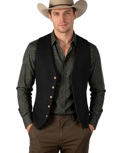 Image of Bakerbear Retro Casual Men's Cowboy Vest Western Suede Leather Waistcoat | vintage classic, v-neck, welt pockets, exquisite button, comfortable,bussiness work, wedding dress vests, prom christmas