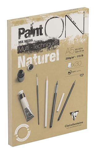 Clairefontaine 96539C - Malblock / Zeichenblock PaintON leicht rauen Oberfläche DIN A5 14,8x21 cm, kopfseitig geleimt, 30 Blatt, 250g 100% Zellulose Korrekturen möglich ideal für Mixmedia Sand 1 Stück