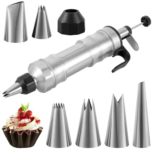 Jokapy Tortenspritze Garnierspritze Edelstahl Set Gebäckspritze mit 6 Tüllen Wiederverwendbare Sahnespritze für Torten DIY Cupcake Gadgets Profi Backspritze für Cupcakes Kuchen Gebäck