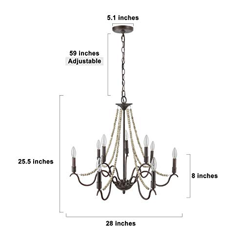 LALUZ Farmhouse Chandelier for Dining Room, 9-Light Rustic Chandelier with Wood Bead Strings, Bronze Metal Arms, 28” L x 25.5” H