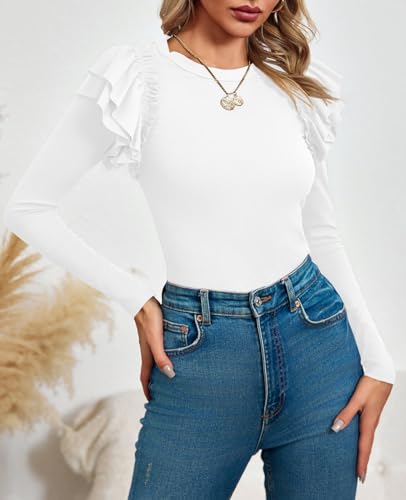 Image of Tankaneo Womens Ruffle Long Sleeve Shirts Fitted Ribbed Knit Tops Fall Casual Crew Neck Tees