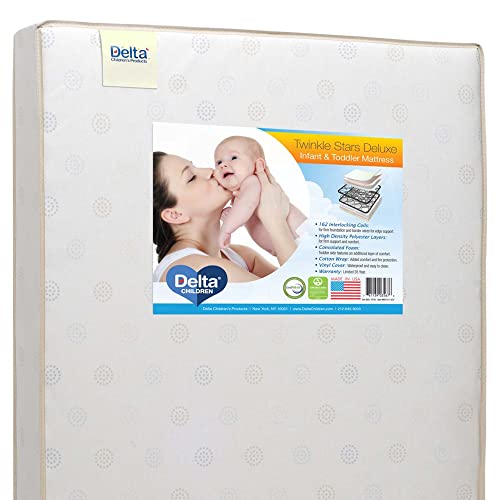 Image of Delta Children Twinkle Stars Deluxe 2-Stage Premium Innerspring Crib and Toddler Mattress - Waterproof - GREENGUARD Gold Certified (Natural/Non-Toxic) - Trusted 35 Year Warranty - Made in USA