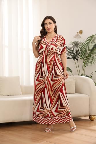 Image of OSTOO Women's Plus Size Hawaii Empire Waist Bat Short Sleeve Casual Floral Print Boho Maxi Dress