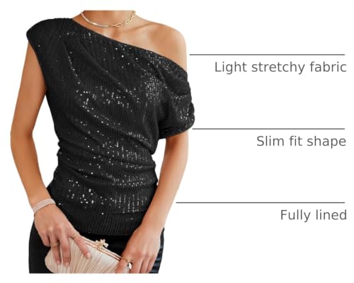 Image of GRACE KARIN One Shoulder Sequin Sparkly Tops for Women Ruched Asymmetrical Glitter Tops Slimming Sparkle Party Shirts