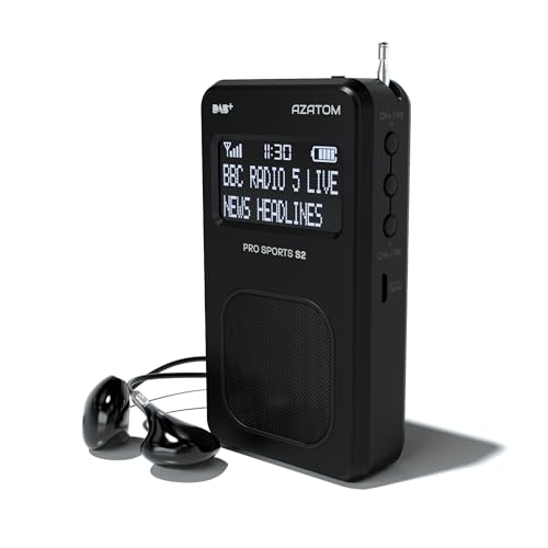 Portable DAB/DAB+ & FM Digital Radio | Sports Earphones Included | Built in Speaker | Rechargeable Battery (10-12 Hours) | Perfect for Sports, Hiking or Working | AZATOM Pro Sports S2 (Black)