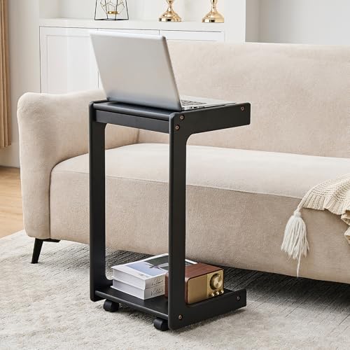 Image of Uniclinens Rolling Side Table for Sofa - C Shape Couch End Table with Wheels, Mobile Wooden Slim Sofa Tray, Movable Small Couch Desk for Living Room Bedroom, Black