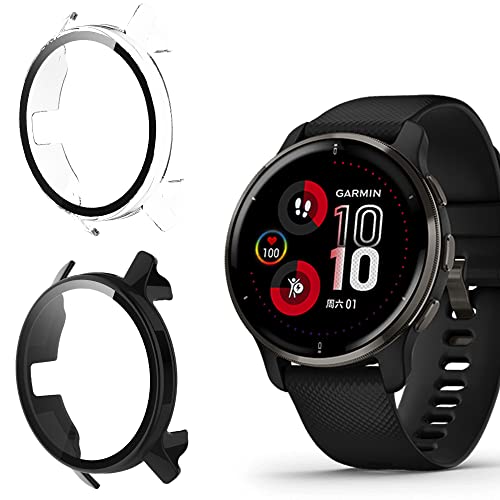 2-Pezzi Custodia Compatibile con Garmin Venu 2 Pluscon Vetro Temperato Protezione Completa 9H HD Anti-Graffio PC Cover Case per Venu 2 PlusTrasparente+Nero