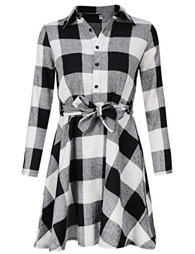 FANCYINN Women Long Sleeve Plaid Pattern Tunic Tops Shirt Casual Dress2