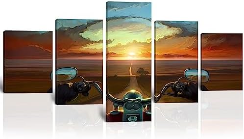 David Mann Motorcycle Rider Landscape 5 Piece Oil Paintings Modern Canvas Prints Artwork Printed on Canvas Wall Art for Home Office Decorations Framed Ready to Hang