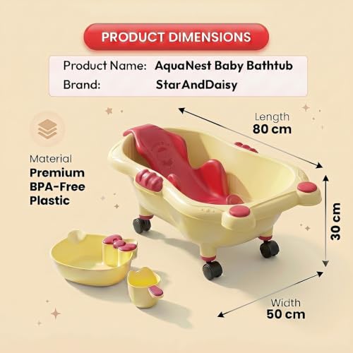 Image of StarAndDaisy Bath Tub for Baby 0-5 Years / Bath tub for Kids with 0-3 Years Girls & Boys with bathseat, Wheels , mug and soap tray, Space Saving Design, Newborn Baby Bathing Tub, Easy to Store (Cream-Blue)