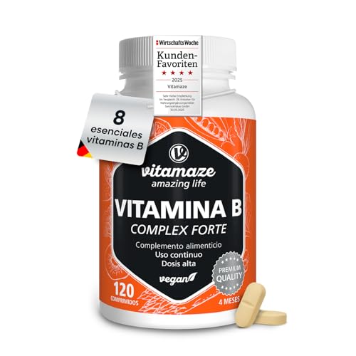 Vitamaze® Vitamina B Complex Forte, +140 Mg de Complejo B , Alta Potencia , 4 meses de dosis (120 comprimidos) de Vitamina B1, Vitamina B6, Vitamina B9, Vitamina B12, Biotina y Acido Fólico