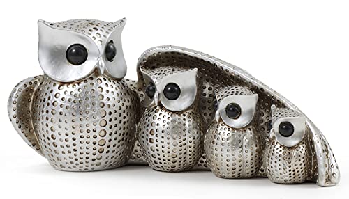 FriyGardcn Cute Silver Family of Four owl Figurines Home Décor Owl Sculpture with Three Baby Owls Décor for Shelf Owl Gifts Decoration for Owl Lovers Home,Office