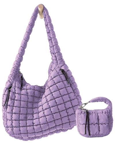 Image of Large Quilted Puffer Tote Bag for Women with Mini Pouch Puffy Crossbody Bags Purse Hobo Puff Shoulder Carryall Gym Travel