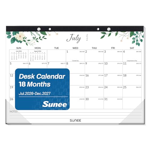 Image of SUNEE Desk Calendar 2026-2027 17 inch x 12 inch, 18 Month Calendar Jul. 2026 - Dec. 2027, Calendar 2026-2027 With Notes, for Planning, Organizing in Family, School or Office - Greenery