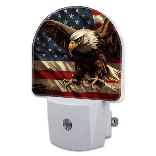 Image of American Flag with Eagle Night Light Plug into Wall,Retro The USA Flag Patriotic Dusk to Dawn Night Light Plug in,0.5w Energy Saving Sleep Friendly NightLight for Kids Boys Girls Home Decor