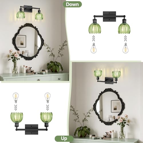 Image of Bathroom Light Fixture,2-Light Vintage Bathroom Sconces Over Mirror, Black Fancy Vanity Lights, Flower Light Fixture with Green Tulip Glass Shade for Bedroom, Living Room, E26 Base