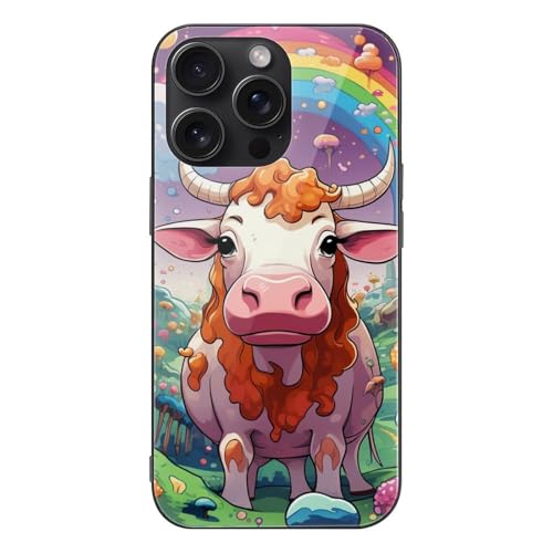 CRIVOTA for iPhone 15 Pro Max Case - All-New Colourful Cows Design, Glass Back + TPU Inner Shell, Military-Grade Dual Protection, Bare-Hand Feel, Cell Phone Cases for Men Women