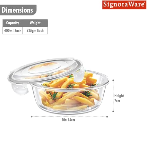 Image of Signoraware Safe Store Glass Round Containers | Airtight & Leakproof | Microwave Safe | Ideal for Reheating, Baking or Serving | Best for Office Lunch & Outdoor Activities (400mlx2 | Setof2 | Clear)