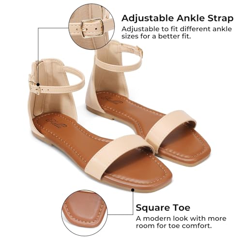Image of katliu Women's Ankle Strap Flat Sandals One Band Dressy Sandals Square Open Toe Sandals for Summer with Back Zipper