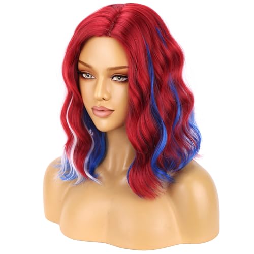 Image of BERON Red White and Blue Wigs for Women Fourth of July Costume Cosplay Wig Short Curly Wavy Colorful Girls Hair Wigs